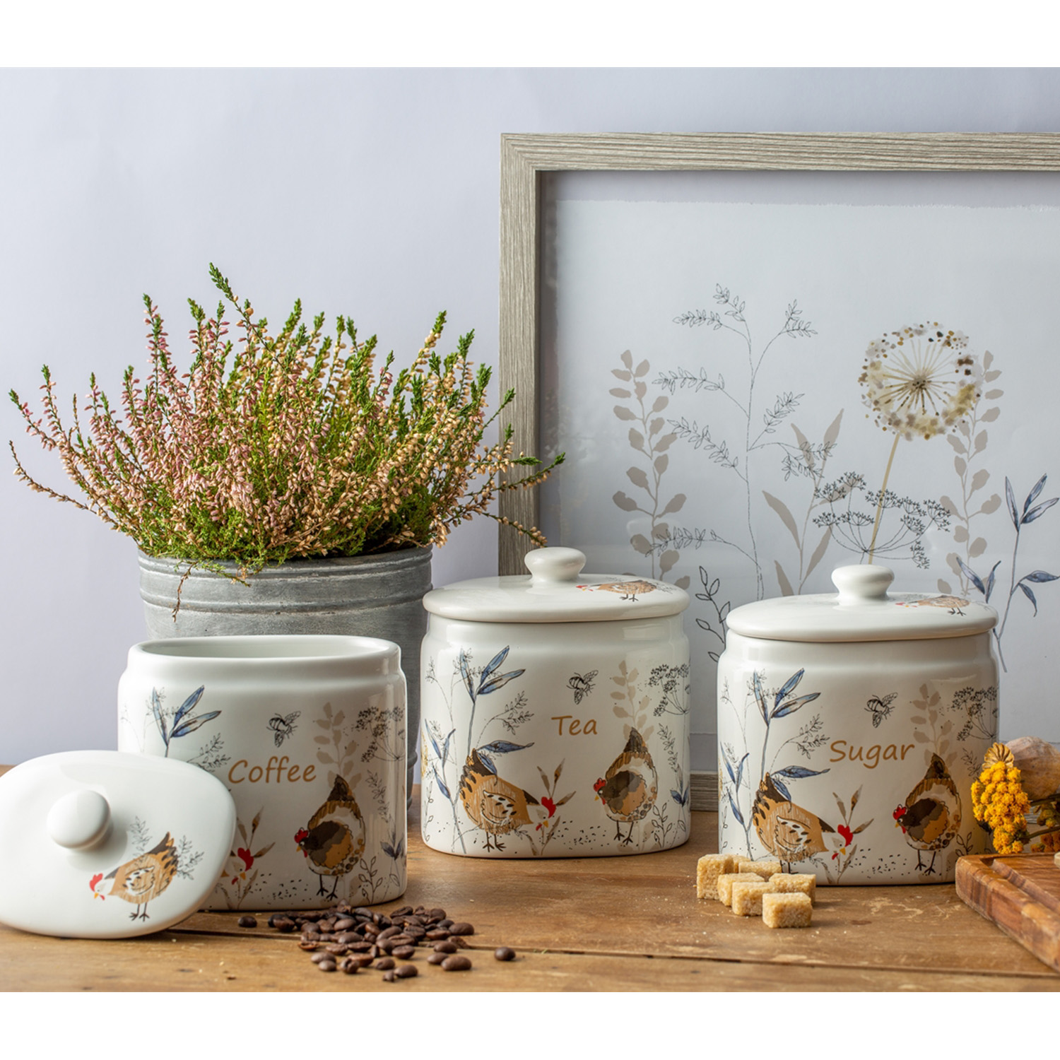 Country Hens Fine Ceramic Tea Sugar Coffee Kitchen Canisters Jars Food